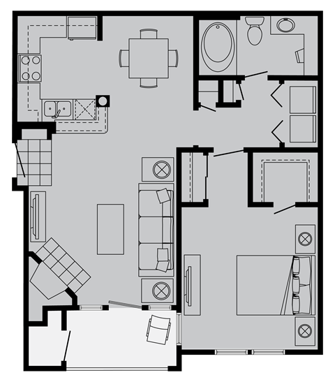 Floor plan for 1 bed, 1 bath, 765 sqft